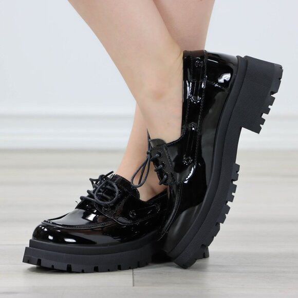 Chunky Penny Loafers Black Lug Sole Slip On Platform Patent Black Lace Up - Picture 13 of 14